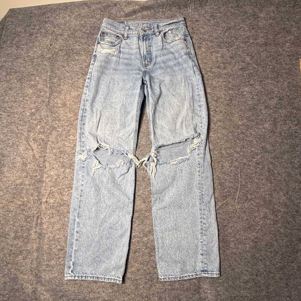 American Eagle Strigid Women's Wide Leg Jeans 00 Light Wash Distressed Stovepipe